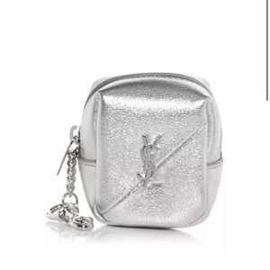 YSL Saint Laurent Jamie Cube Charm Leather Zip Pouch Silver NWT